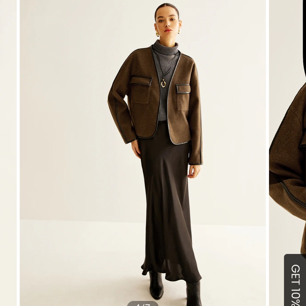 NEW Commense Contrast Trim Tweed Brown Black Trim Open Lightweight Coat, Medium - Picture 6 of 14